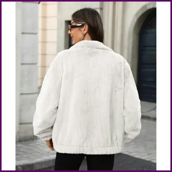 Faux Fur Lapel Zip Up Cropped Jacket Winter Coat Warm Fleece - Picture 7 of 7